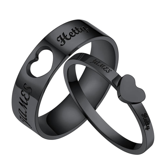 Black Custom Name Matching Heart Promise Rings for Couple on a white Background