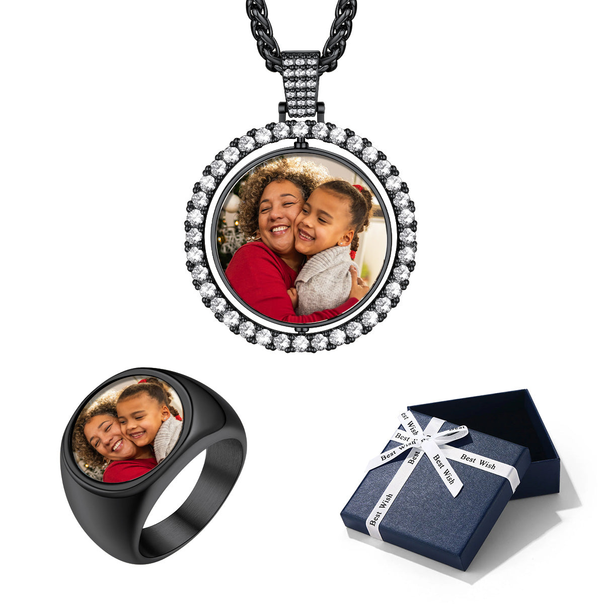 Black Custom Photo Necklace and Ring Set with blue gift box