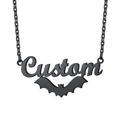 Black  Custom name necklace with bat design on a white background