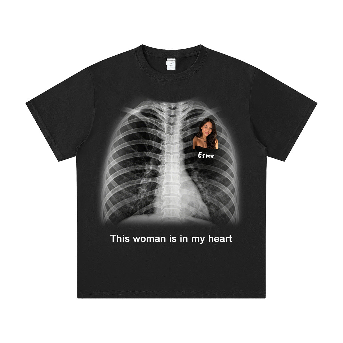 Black Custom text X-Ray t-shirt with an x-ray design and text 'This woman is in my heart' on a white background
