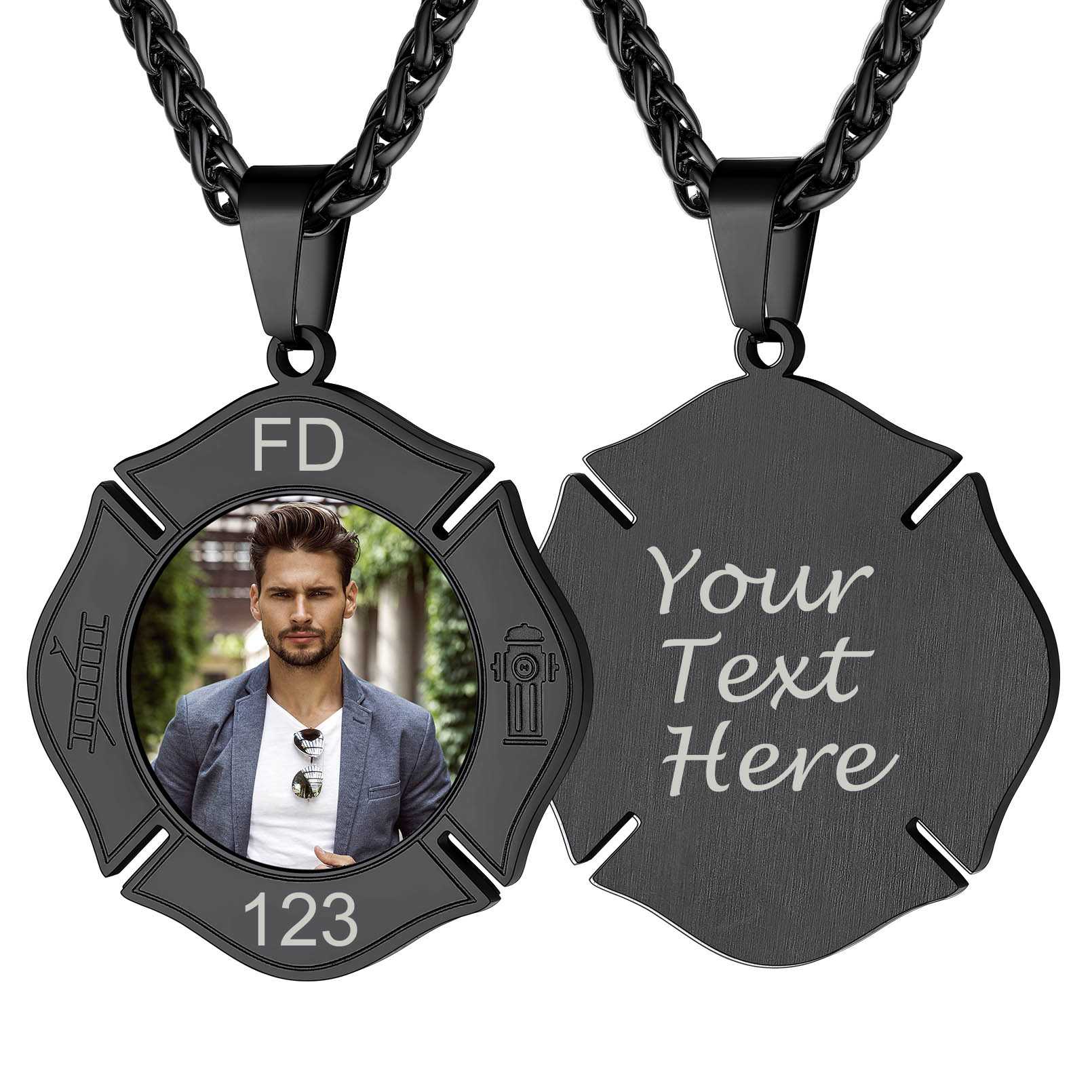 Black Photo Firefighter Necklace Maltese Cross Necklace