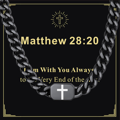 Black Plated 9MM Custom Cross Cuban Link Chain Necklace with greeting card Matthew 28:20