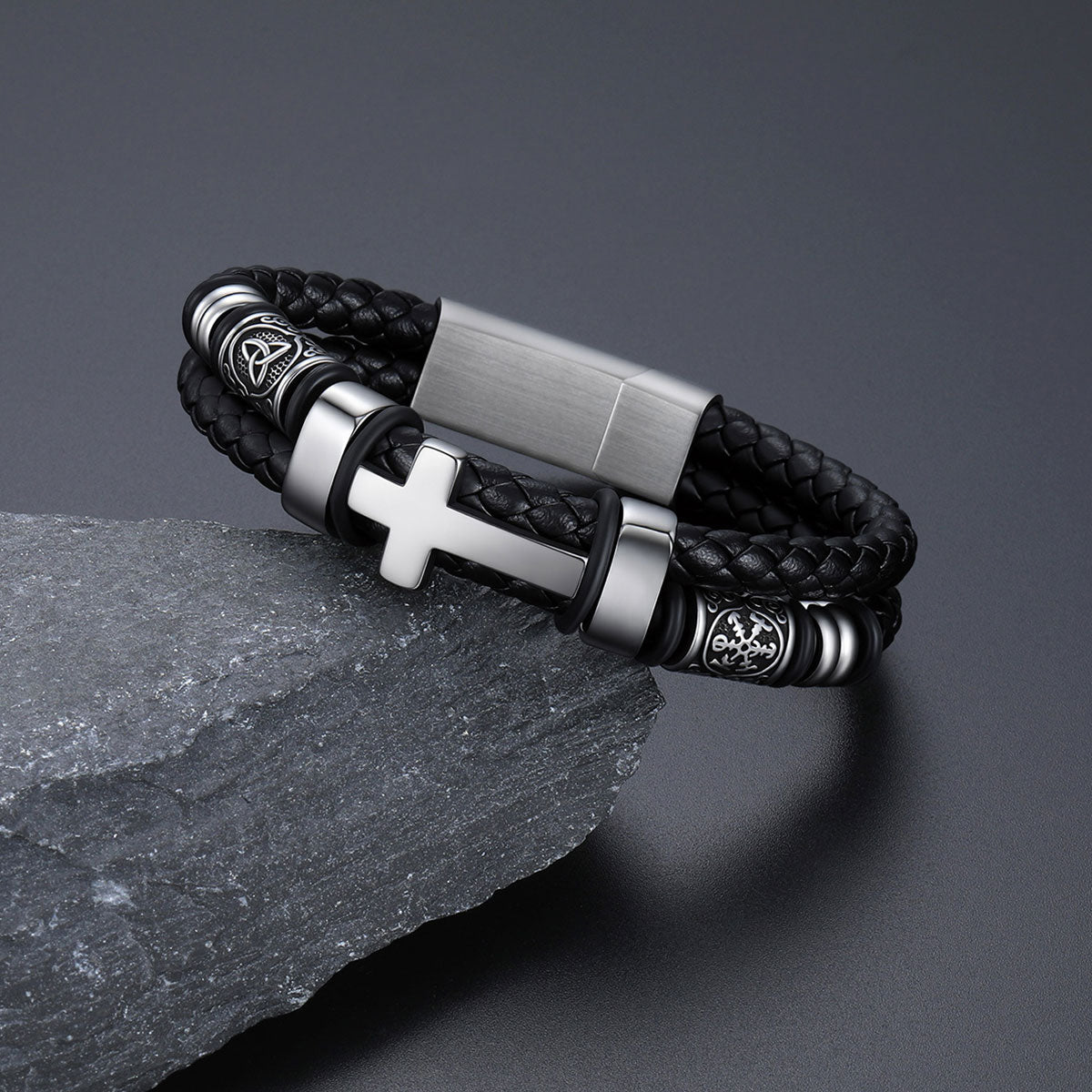  Black Plated Celtic Knot Braided Leather Cross Bracelet  for Men 