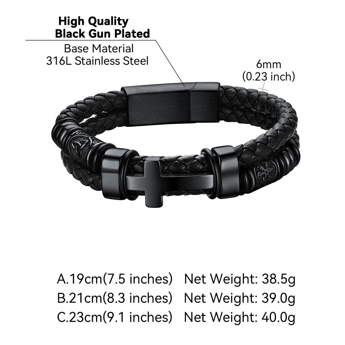  Black Plated Celtic Knot Braided Leather Cross Bracelet  for Men Detail, Dimension, Durable