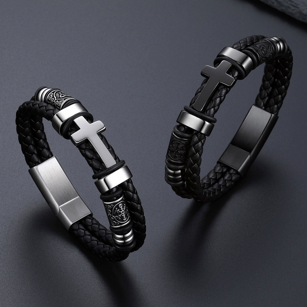  Black Plated Celtic Knot Braided Leather Cross Bracelet  for Men in different color