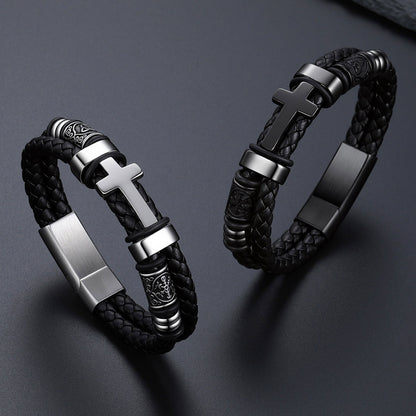  Black Plated Celtic Knot Braided Leather Cross Bracelet  for Men in different color
