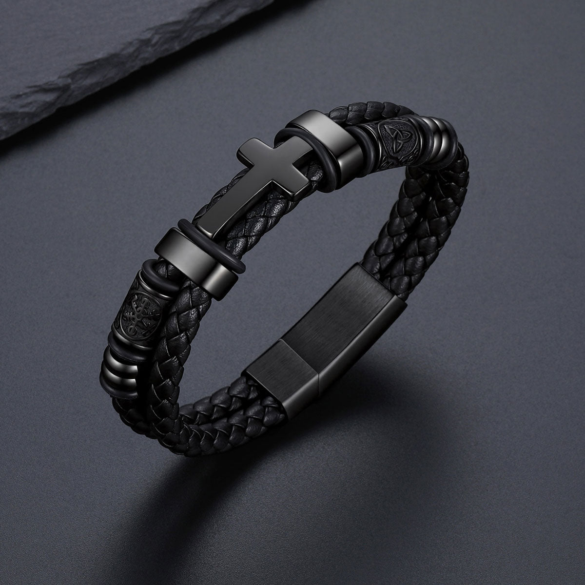  Black Plated Celtic Knot Braided Leather Cross Bracelet  for Men on a dark grey background