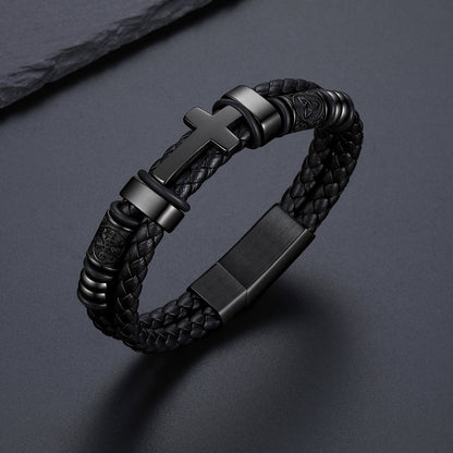  Black Plated Celtic Knot Braided Leather Cross Bracelet  for Men on a dark grey background