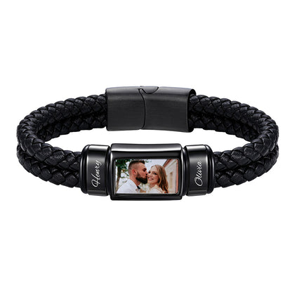Black Plated Custom 2 Names Photo Engraved Braided Leather Bracelet for Men on a white background