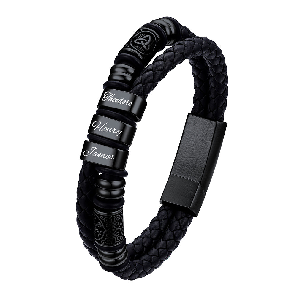 Black Plated Custom 3 Name bracelet with engraved names on a white background
