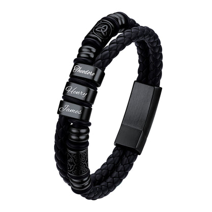 Black Plated Custom 3 Name bracelet with engraved names on a white background