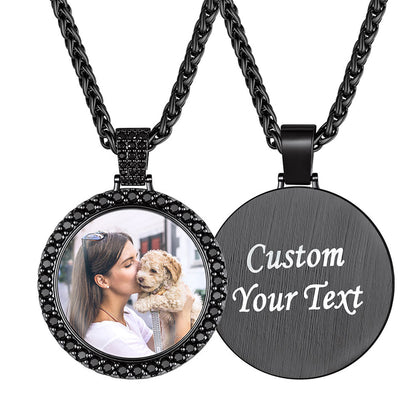 Black Plated Custom Black CZ Picture Circle Chain Necklace on a white background