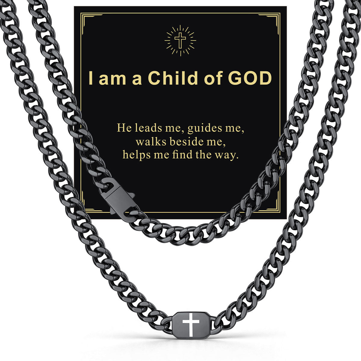 Black Plated Custom Cross 9mm Cuban Link Chain Necklace in Stainless Steel with greeting card I am a Child of GOD