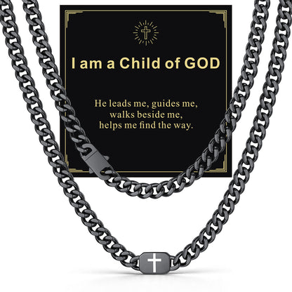 Black Plated Custom Cross 9mm Cuban Link Chain Necklace in Stainless Steel with greeting card I am a Child of GOD