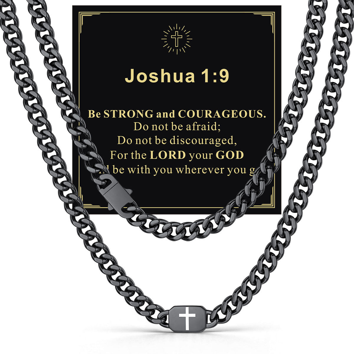 Black Plated Custom Cross 9mm Cuban Link Chain Necklace in Stainless Steel with greeting card Joshua 1:9