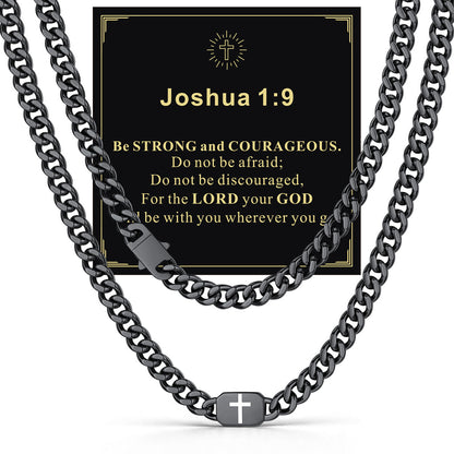 Black Plated Custom Cross 9mm Cuban Link Chain Necklace in Stainless Steel with greeting card Joshua 1:9