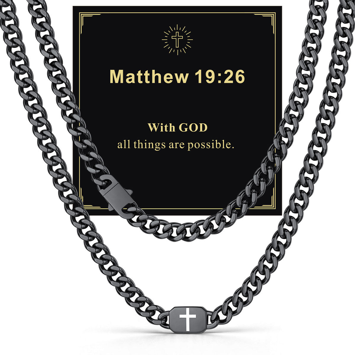 Black Plated Custom Cross 9mm Cuban Link Chain Necklace in Stainless Steel with greeting card Matthew 19:26