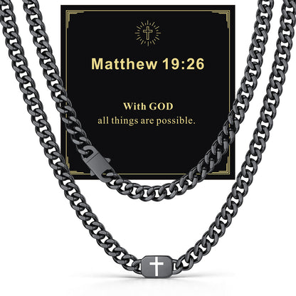 Black Plated Custom Cross 9mm Cuban Link Chain Necklace in Stainless Steel with greeting card Matthew 19:26