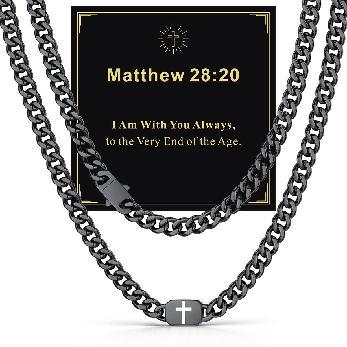 Black Plated Custom Cross 9mm Cuban Link Chain Necklace in Stainless Steel with greeting card Matthew 28:20