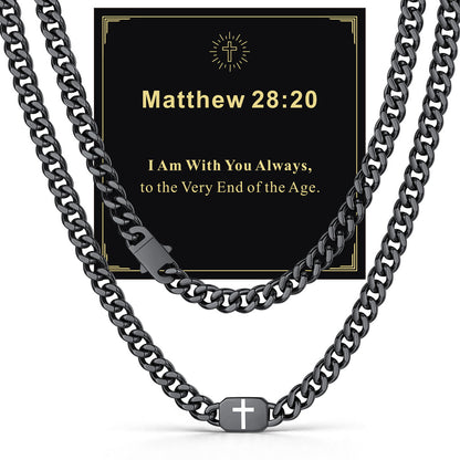 Black Plated Custom Cross 9mm Cuban Link Chain Necklace in Stainless Steel with greeting card Matthew 28:20