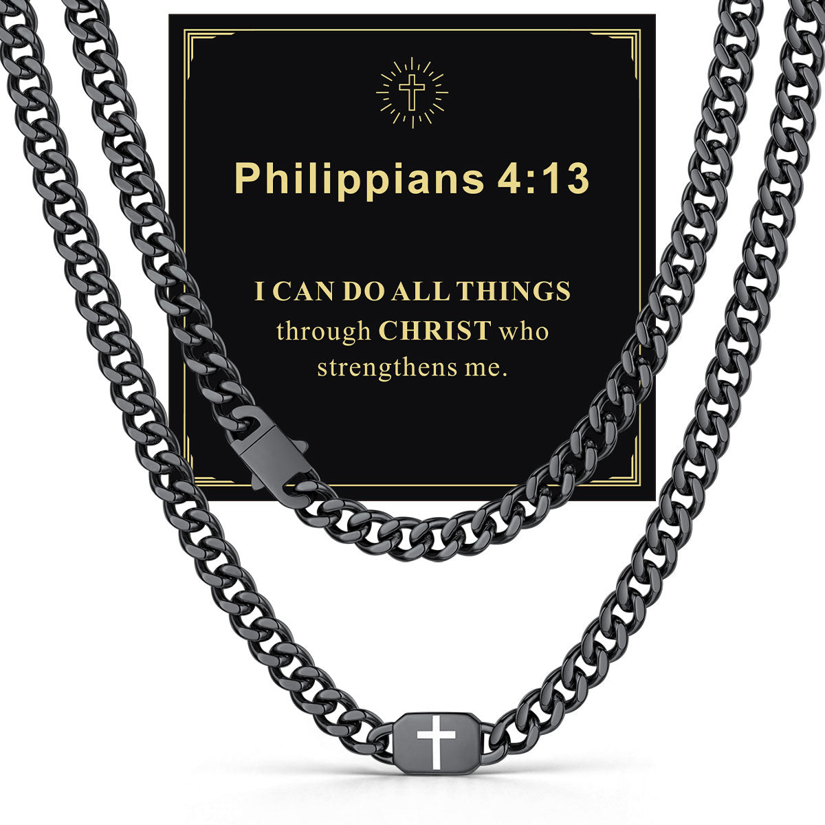 Black Plated Custom Cross 9mm Cuban Link Chain Necklace in Stainless Steel with greeting card Philippians 4:13