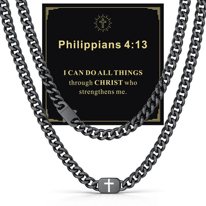 Black Plated Custom Cross 9mm Cuban Link Chain Necklace in Stainless Steel with greeting card Philippians 4:13