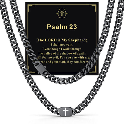 Black Plated Custom Cross 9mm Cuban Link Chain Necklace in Stainless Steel with greeting card Psalm 23