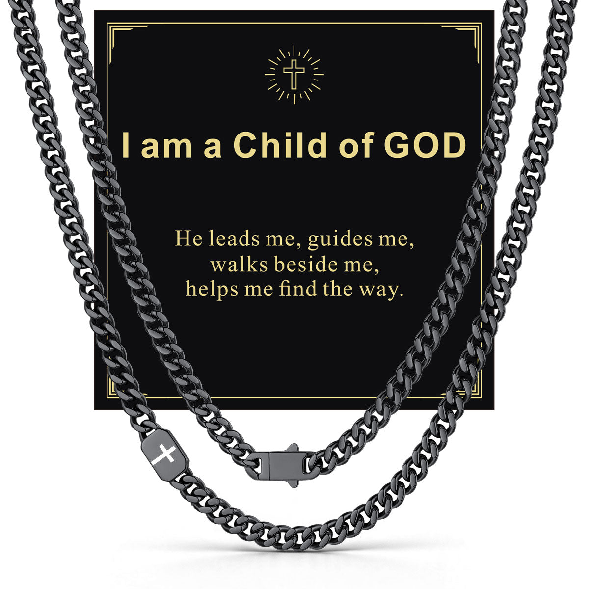 Black Plated Custom Cross Cuban Link Chain Necklace in Stainless Steel with greeting card I an a child of GOD