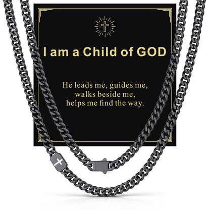 Black Plated Custom Cross Cuban Link Chain Necklace in Stainless Steel with greeting card I an a child of GOD