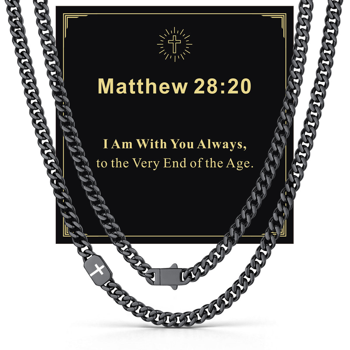 Black Plated Custom Cross Cuban Link Chain Necklace in Stainless Steel with greeting card Mattew 28:20