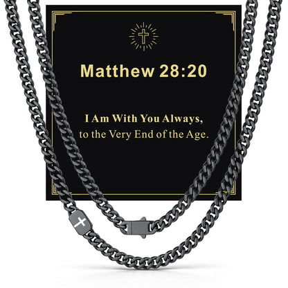 Black Plated Custom Cross Cuban Link Chain Necklace in Stainless Steel with greeting card Mattew 28:20