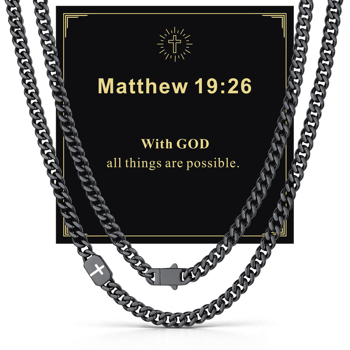 Black Plated Custom Cross Cuban Link Chain Necklace in Stainless Steel with greeting card Matthew 19:26