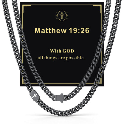 Black Plated Custom Cross Cuban Link Chain Necklace in Stainless Steel with greeting card Matthew 19:26