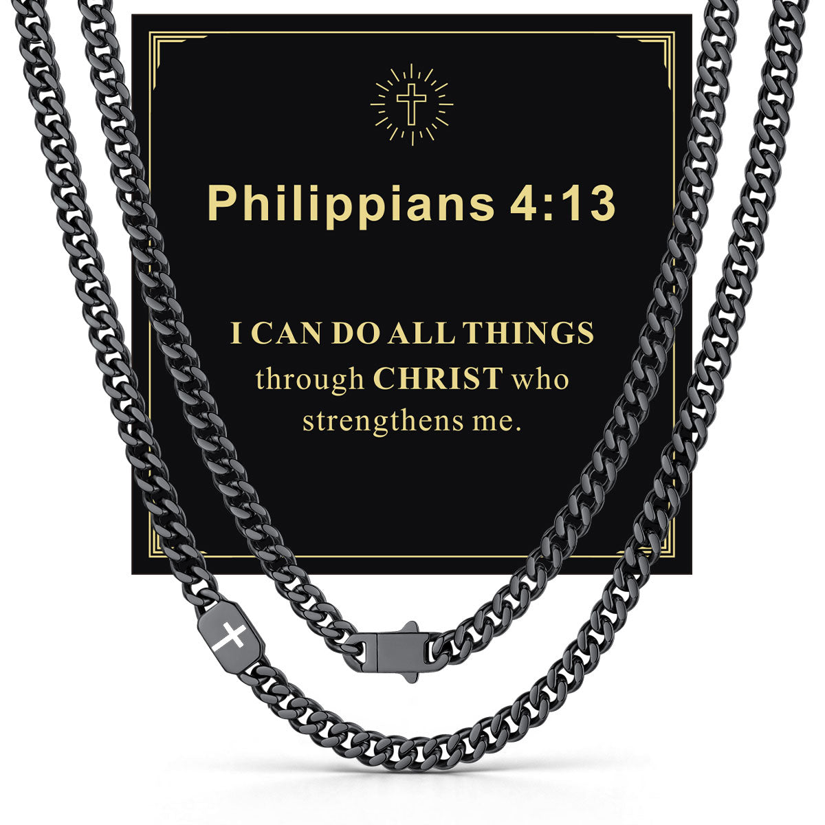 Black Plated Custom Cross Cuban Link Chain Necklace in Stainless Steel with greeting card Philippians 4:13