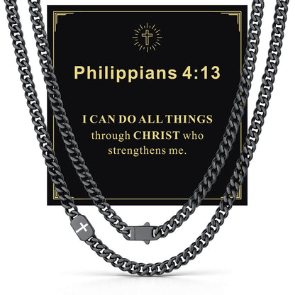 Black Plated Custom Cross Cuban Link Chain Necklace in Stainless Steel with greeting card Philippians 4:13