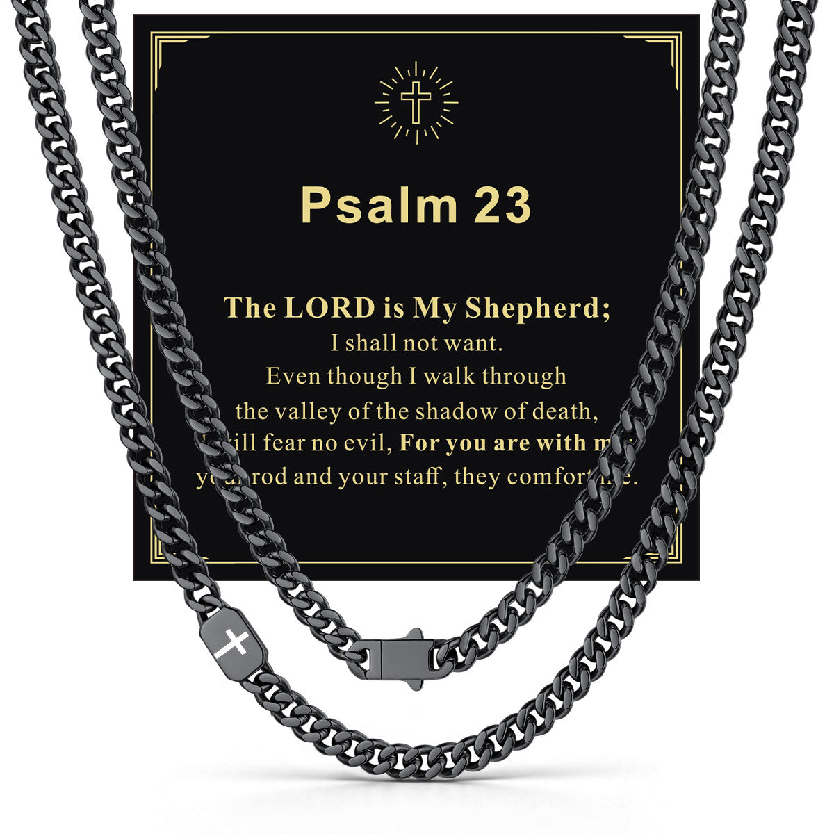 Black Plated Custom Cross Cuban Link Chain Necklace in Stainless Steel with greeting card Psalm 23
