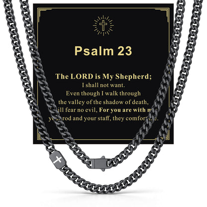 Black Plated Custom Cross Cuban Link Chain Necklace in Stainless Steel with greeting card Psalm 23