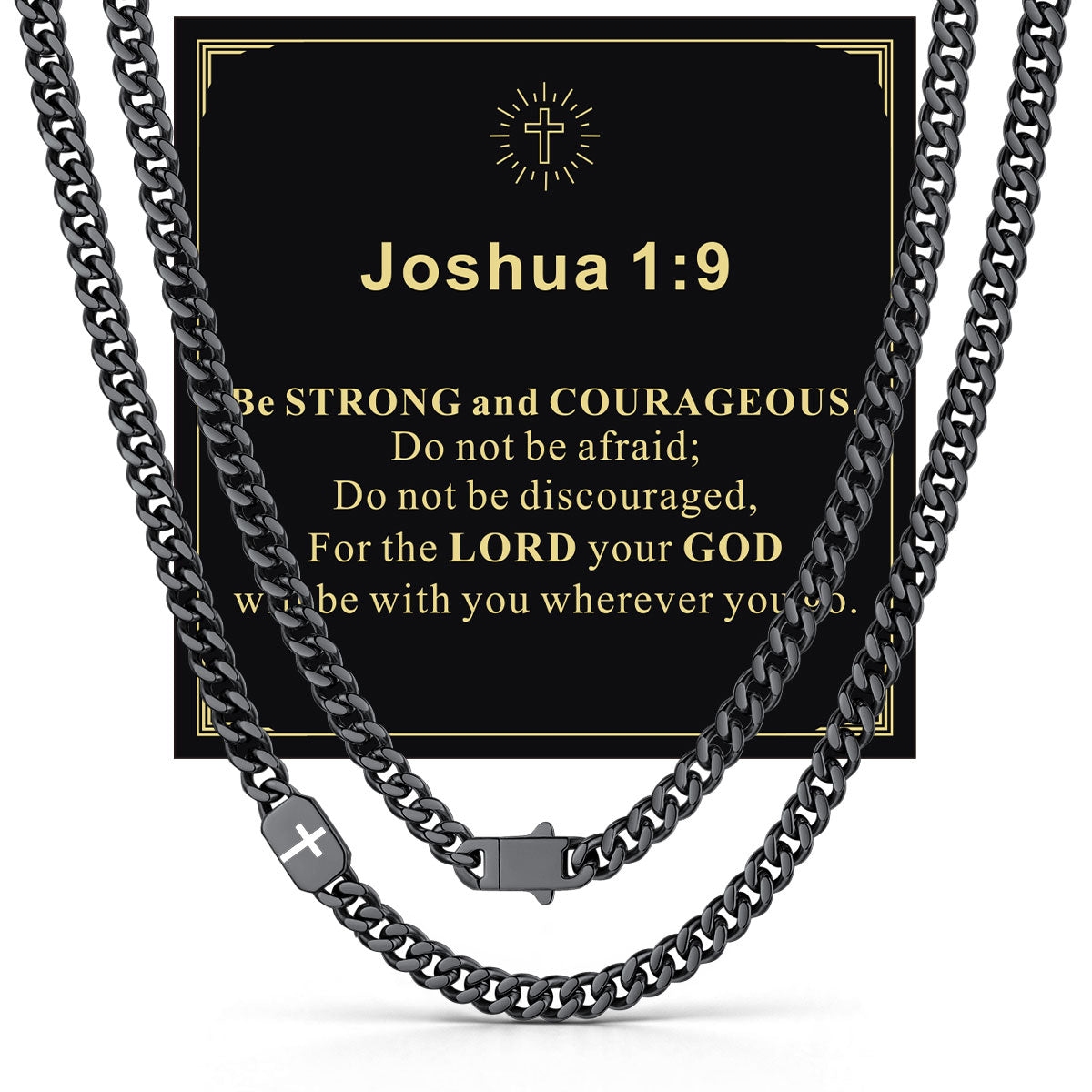 Black Plated Custom Cross Cuban Link Chain Necklace in Stainless Steel with greeting card jOSHUA 1:9