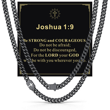 Black Plated Custom Cross Cuban Link Chain Necklace in Stainless Steel with greeting card jOSHUA 1:9
