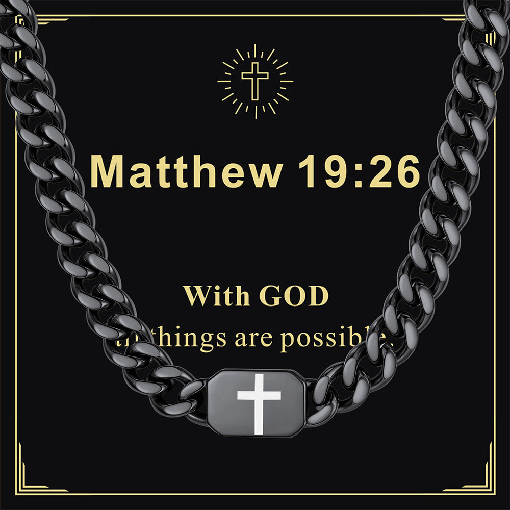 Black Plated Custom Cross Cuban Link Chain Necklace with greeting card Matthew 19:26
