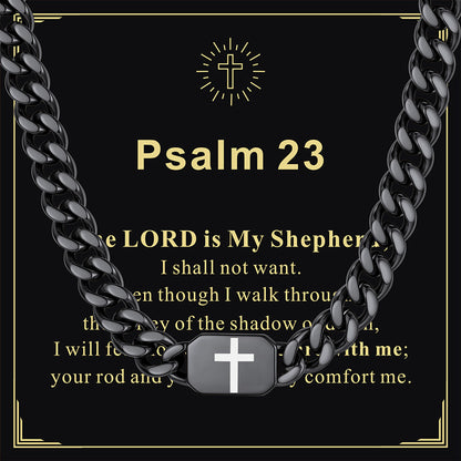 Black Plated Custom Cross Cuban Link Chain Necklace with greeting card Psalm 23