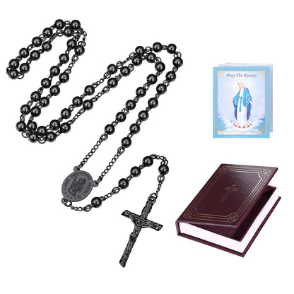 Black Plated Custom Saint Christopher Rosary Beads Necklace with Cross with greeting card and gift box