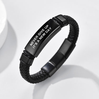 Black Plated ID Braided Leather Bracelet for Men