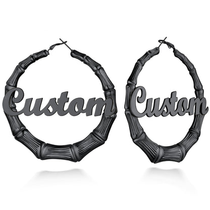Black Plated Name Bamboo Hoop Earrings 80mm