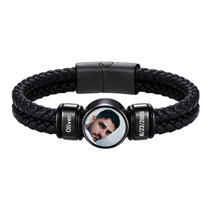 Black Plated Personalized 2 Names Photo Double Layer Leather Bracelet for Men on a white background