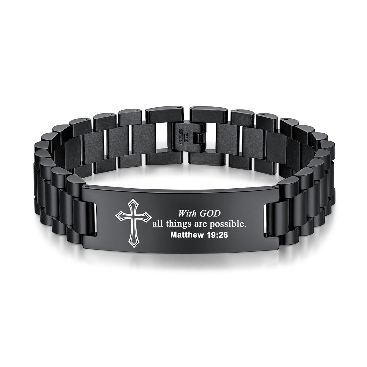 Black Plated Personalized Engraved Cross Bracelet for Men and Women on a white background 