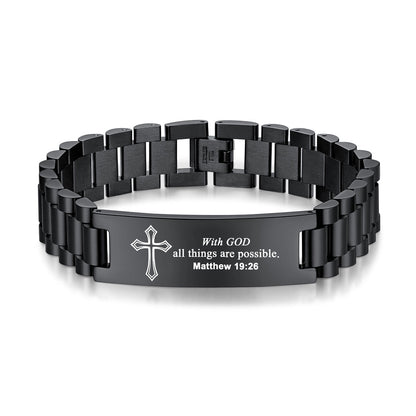 Black Plated Personalized Engraved Cross Bracelet for Men and Women on a white background 