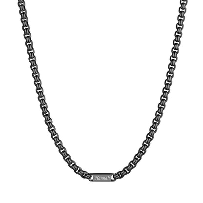 Black Plated Personalized Engraving 1 Name Box Chain Necklace on a white background 5mm 