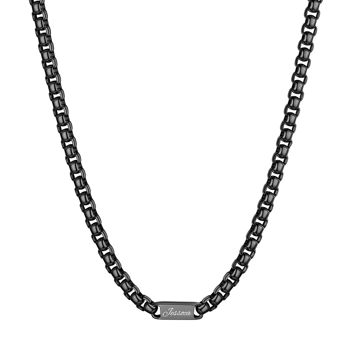 Black Plated Personalized Engraving 1 Name Box Chain Necklace on a white background 7mm 