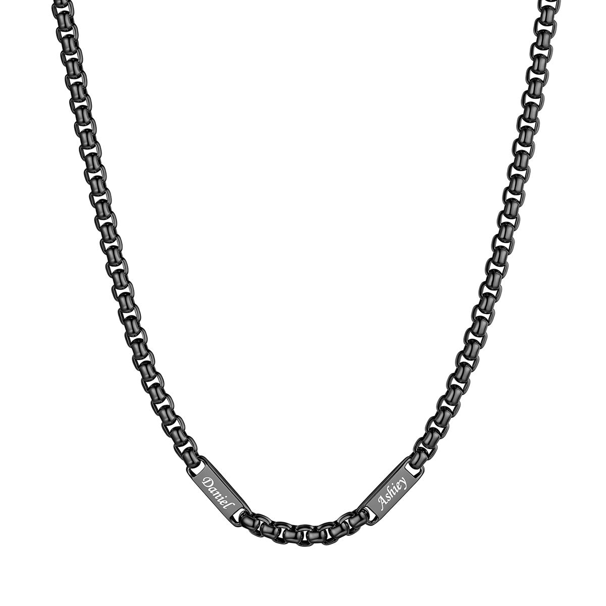 Black Plated Personalized Engraving 2 Name Box Chain Necklace on a white background 5mm 